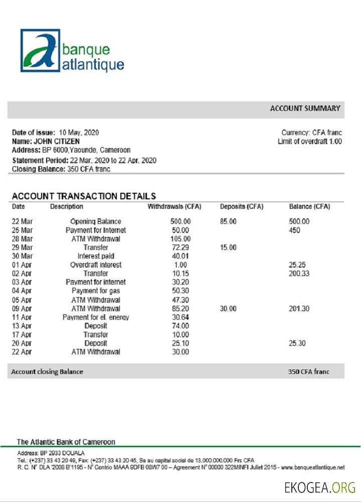 Modèle de relevé bancaire Cameroun Atlantique, format Word et PDF